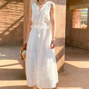 Bohemian Style Embroidery Sleeveless Vest Top + White Skirt 2-piece Set 2025 Summer Holiday Casual Beach Suit For Women Outfits
