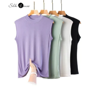 23% Natural Mulberry Silk 77% Viscose Solid Color Half High Neck Inner Sleeveless Women's Casual Bottom Shirt