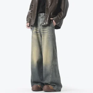 American Style Vintage Straight Jeans Men Retro Fashion Mopping Pants Unisex High Street Loose Casual Wide Leg Denim Pants