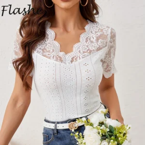 Elegant Women Short Sleeve T-shirt Female V Neck Lace T Shirts For Women Casual Tee White Tops Ladies Pullover