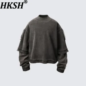 HKSH Dirty Dyed Distressed Trendy Long Sleeve Washed Fake Two-Piece American High Street T-shirt Man Chic Dark Punk Tees HK10916