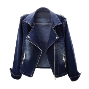 2025 Spring/Autumn New Korean Edition Slim Stretch Suit Collar Denim Jacket Women's Short Motorcycle Jackets Female Zipper Top