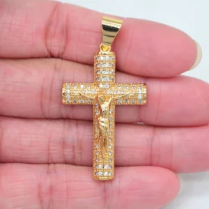 High Quality Gold Color Men Women Clear Cubic Zirconia Jesus Crucifix Cross Charm Pendant Jewelry