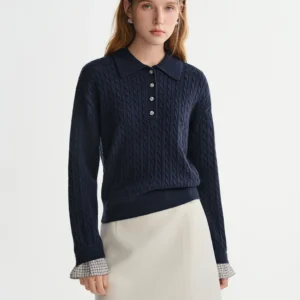 DUSHU 2025 Women's Polo Collar Plaid Panel Twist Knit Sweater - Cable Stitch Cotton Blend Top with Casual Comfort Fit