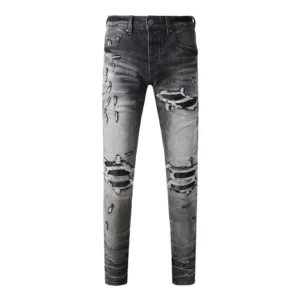 Designer fashion new denim jeans with stretch, slim fit, perforated, red patch washed, nostalgic black gray jeans, high street h