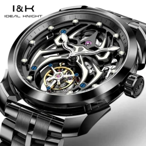 IDEAL KNIGHT 6802 Tourbillon Automatic Mechanical Watch for Men Black Steel Deep Waterproof Skeleton Wristwatch Man