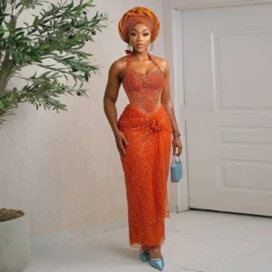 African Beaded Aso Ebi Applique Lace Formal Gowns Long Luxury Off Shoulder Prom DressOrange Prom Dresses Halter Sleeveless