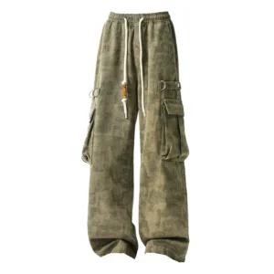 Men Military Camo Workwear Cargo Pants Elastic Waistband Drawstring Tactical Joggers Loose Straight Leg Big Side Pockets Outdoor